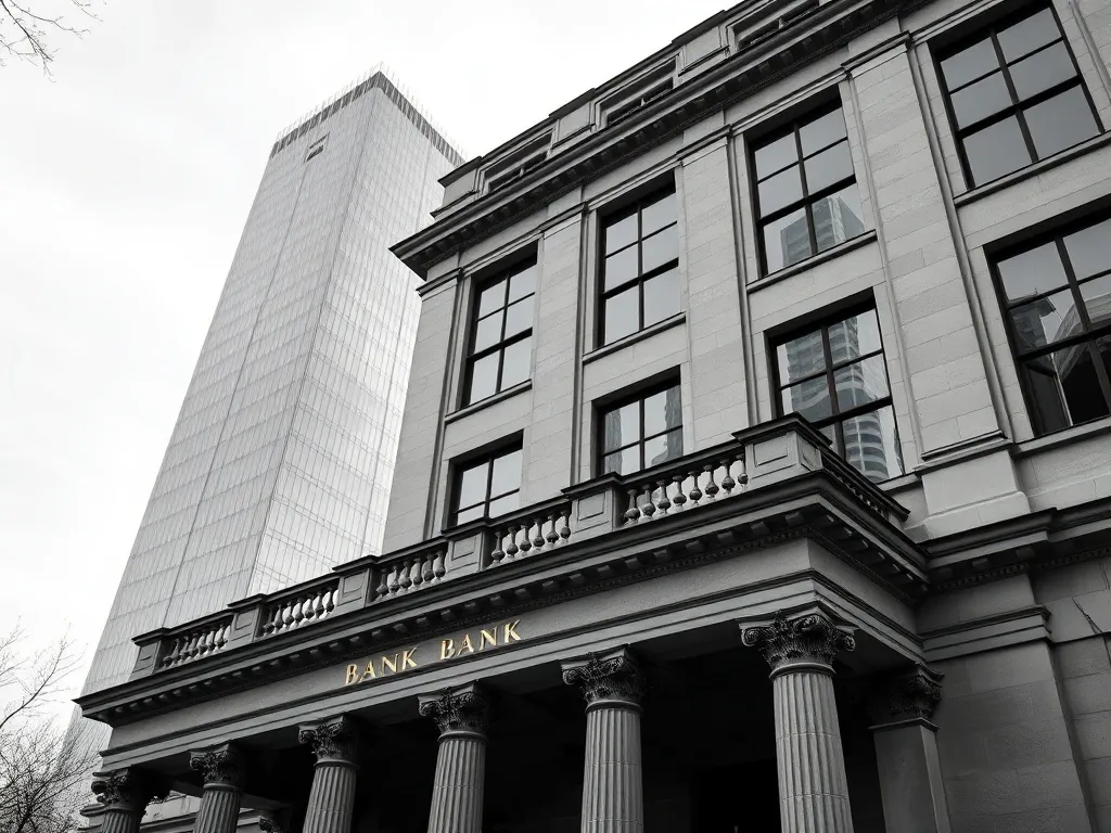 A high-contrast architectural shot of a historic stone bank