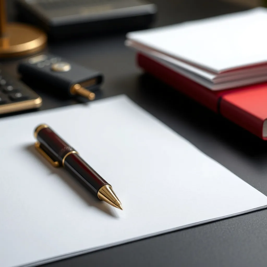 Close up of high quality paper documents and a dark red foun