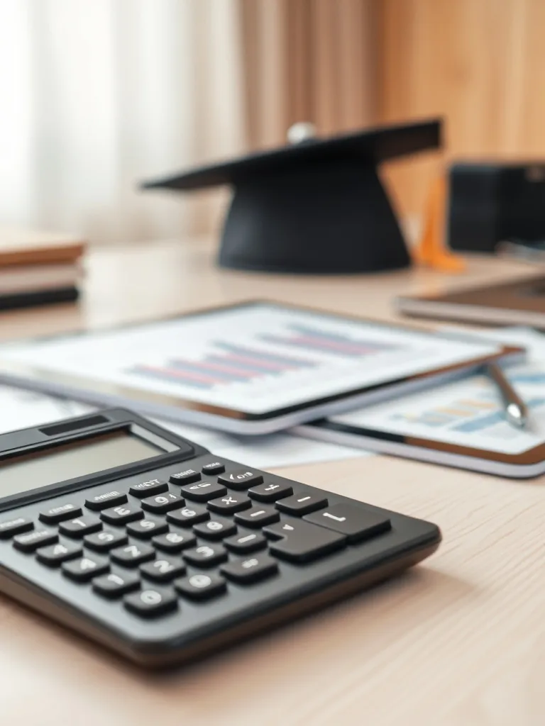 A professional office desk with a calculator, some financial