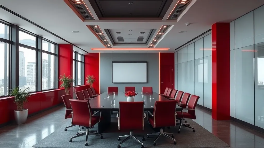 Professional office setting with deep red accents, high cont