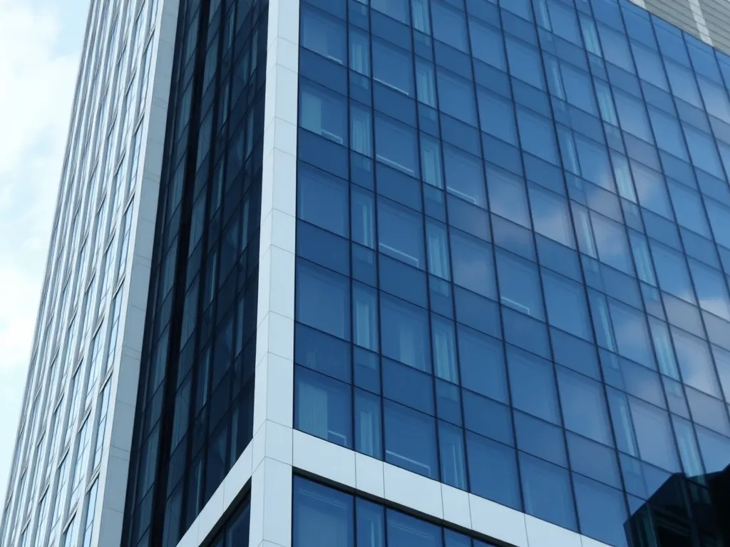 A professional architectural photograph of a modern financia