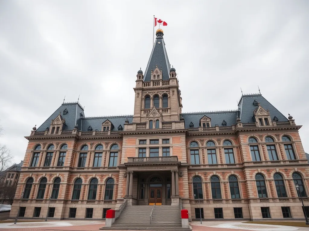 A high-angle architectural shot of a historic Canadian gover