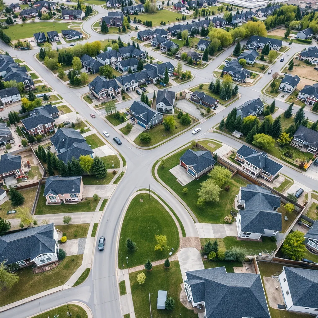 Aerial view of a clean, modern residential neighborhood in W